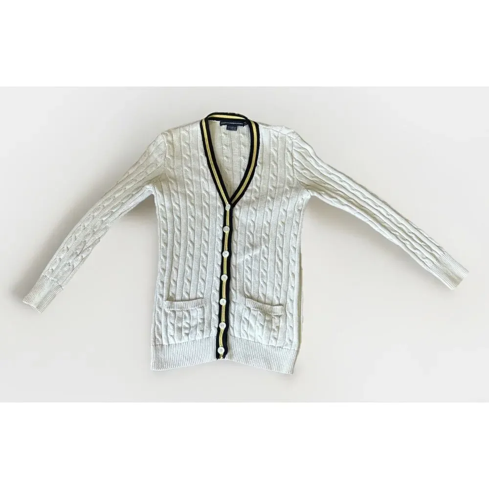 Vintage 90s Ralph Lauren Sport Cable Knit Striped Long Cardigan Sweater Cotton M - Picture 2 of 6